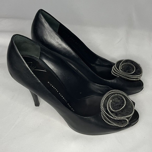 GIUSEPPE ZANOTTI Zip Flower Platform Stiletto Heels Black 38.5 US8 
